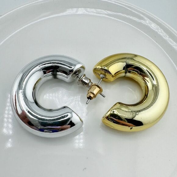 Vintage Puffy Mixed Metal Hoop Earrings Bold Statement Spherical Retro Glam - Picture 7 of 9
